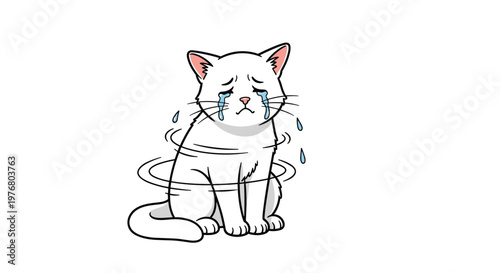 Sad and lonely white cat sitting and crying with many tears and swirling lines around it to represent deep sorrow.