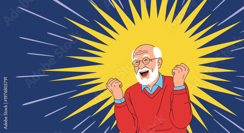 Extremely happy and excited elderly man with a white beard cheering and raising his fists against a bright sunburst background.