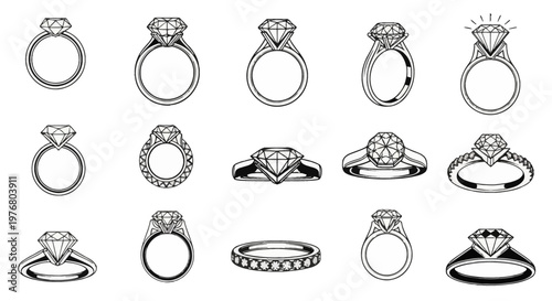 Collection of fifteen black and white diamond ring icons featuring various engagement and wedding ring styles including solitaire, halo, and eternity bands in vector line art isolated on white.