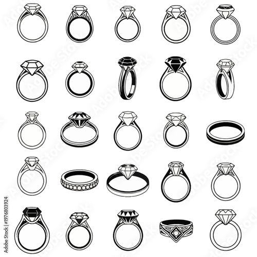 Comprehensive collection of twenty-five black and white vector icons featuring various engagement rings with brilliant-cut diamonds, wedding bands, and jewelry designs in minimalist line art.