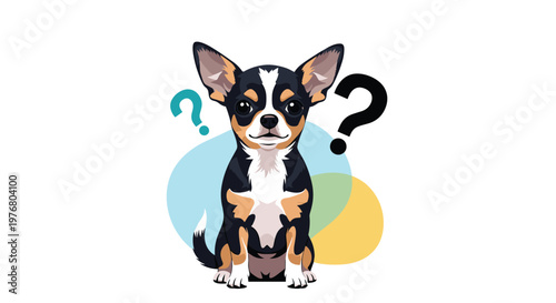 Confused and curious black and tan chihuahua dog sitting and looking up with two colorful question marks around it.