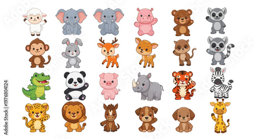 A collection of cute baby animal characters arranged in rows in a cartoon style
