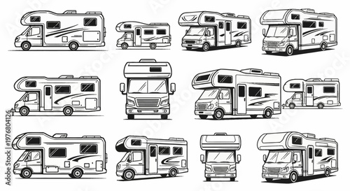 Set of black and white line art vector illustrations showing various RV motorhomes and camper vans in different perspectives and profiles including front and side views on white.
