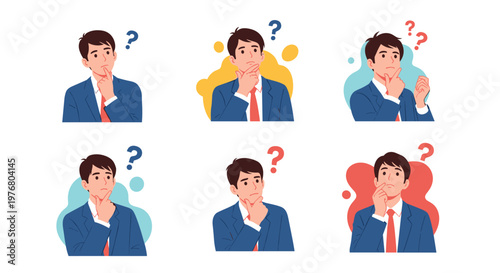 Series of six panels showing a professional businessman in a blue suit thinking and pondering with various expressions and question marks.
