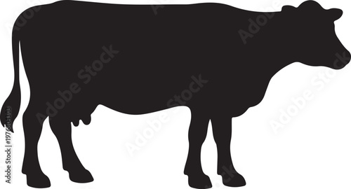 Black silhouette of a healthy dairy cow standing in profile, representing agriculture, livestock, and farm life.