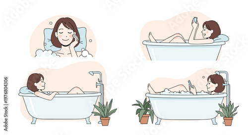 Woman relaxing in a bathtub in four panels showing her washing, soaking, and using her smartphone for entertainment.