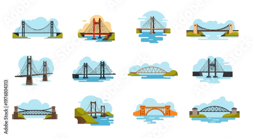 Set of twelve vector illustrations showing various bridge types including suspension, cable-stayed, arch, and truss structures over water with stylized clouds, flat design icons.