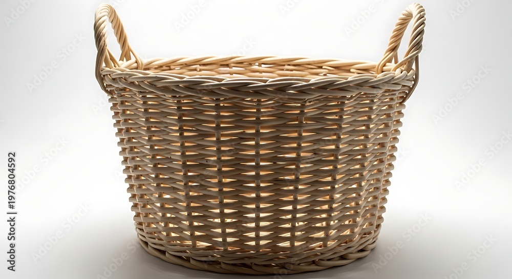 Obraz premium Woven wicker basket with two handles on a white background