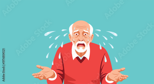 Terrified and shocked elderly man in a red sweater crying out in fear with tears and beads of sweat flying everywhere.