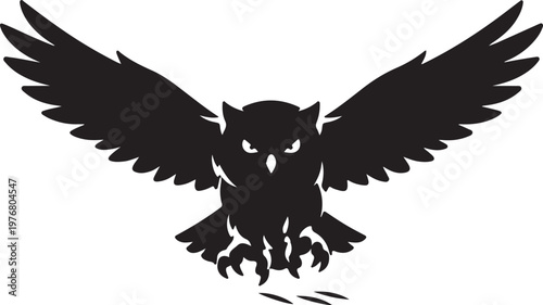 Silhouette of an owl descending with intense eyes and open wings, symbolizing wisdom, mystery, and nocturnal hunting.