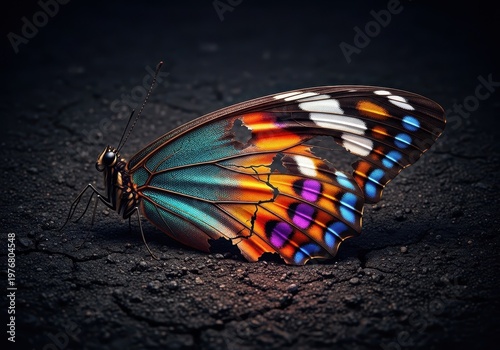 Fragile butterfly wing lies broken and scorched on dark earth, detailed texture emphasizing destruction and irreparable damage, fragile, charred, heat
