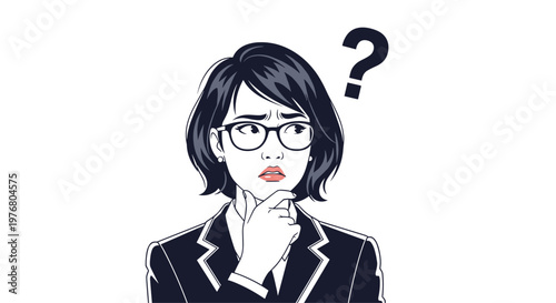 Professional young businesswoman with black hair and glasses thinking and pondering with a black question mark above her head.
