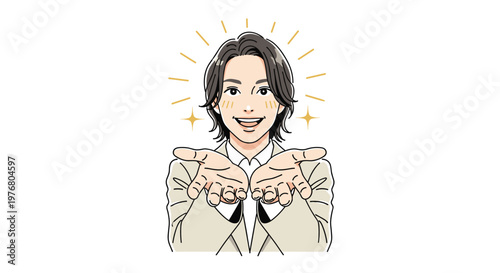 Friendly and welcoming young man with long hair gesturing with both hands out in a helpful or offering way with sparkles.