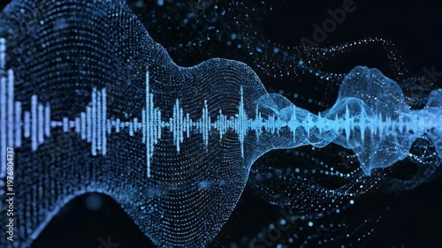 A mesmerizing visualization of sound waves rendered in a futuristic, digital style against a dark background, showcasing intricate patterns and glowing particles.