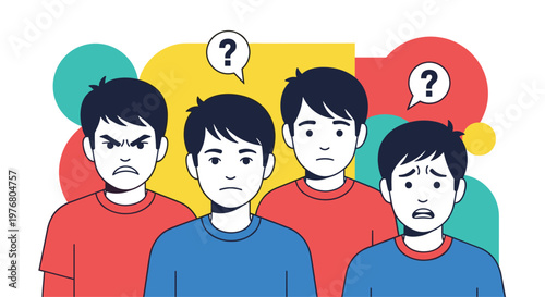 Group of young boys expressing various emotions including anger sadness and confusion against a colorful abstract background.