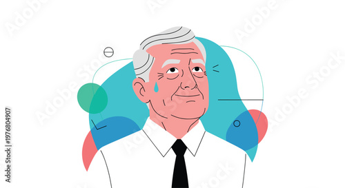 Senior man with grey hair looking upwards with a nervous expression and a drop of sweat on his face against abstract shapes.