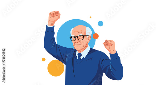 Happy senior man with glasses wearing a blue sweater raising both fists in a cheering gesture against a background with circles.
