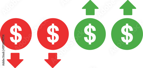 Currency trend arrow icon set, dollar symbol icons with rising and falling market indicators representing financial growth investment strategies and economic data visualization.