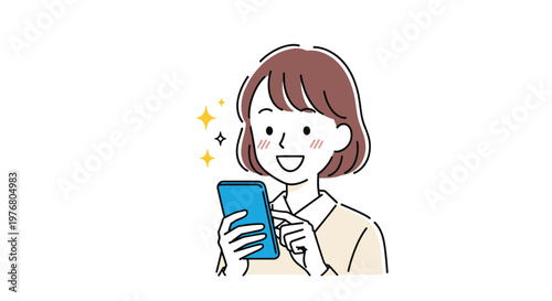 Young woman with brown hair smiling cheerfully while looking at and using her blue smartphone with sparkling icons.