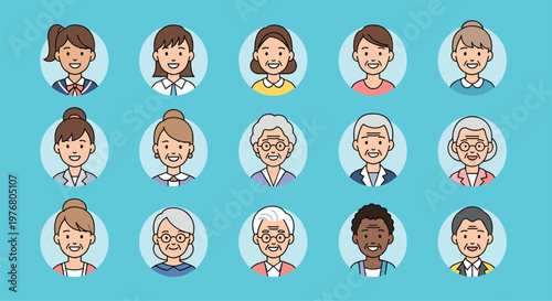 Diverse collection of women of various ages and ethnicities shown in circular portraits against a turquoise background.