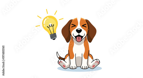 Happy beagle puppy sitting next to a glowing lightbulb icon representing a clever idea or an impressive learning achievement.