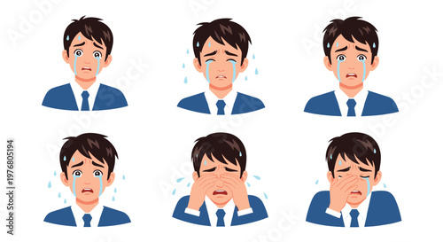 Collection of male character illustrations in suits showing various crying and weeping facial expressions with tears.