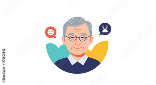 Senior man with glasses smiling gently while surrounded by speech bubbles containing sad and depressed facial icons.