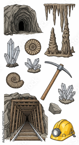 Collection of geology and mining illustrations including a cave entrance, mine shaft with rails, stalactites, crystals, ammonite fossils, pickaxe, and a yellow miner helmet with lamp.