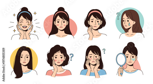 Collection of female character illustrations showing different skin conditions including acne spots dryness and irritation.