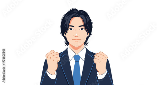 Young man in a business suit with dark hair pumping both fists with a determined and confident facial expression.