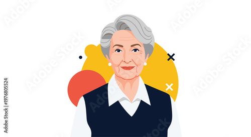 Portrait of a friendly senior woman with white hair smiling warmly against a background of colorful abstract shapes.