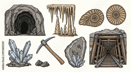 Collection of geology and mining elements featuring cave entrance, stalactites, stalagmites, ammonite fossils, crystal clusters, pickaxe, geode, and a mine shaft with railway tracks.