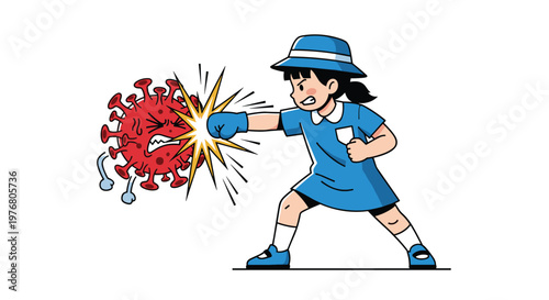 Courageous young girl in a school uniform punching a large red virus monster to represent fighting against illness.