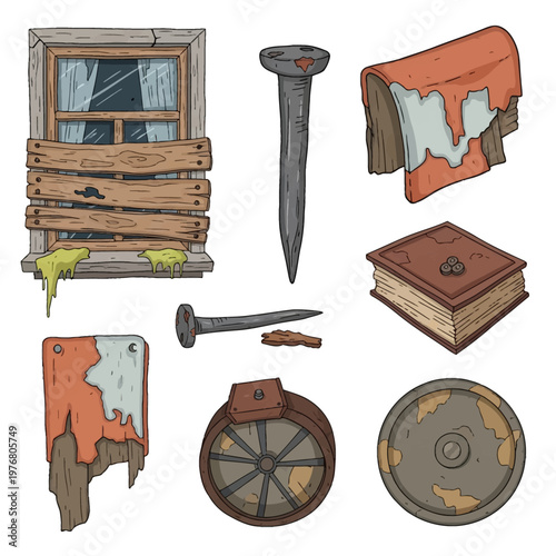 Collection of hand-drawn vector illustrations featuring a boarded-up window with green moss, rusty metal nails, a wooden wheel, an old book, and torn orange fabric on white.