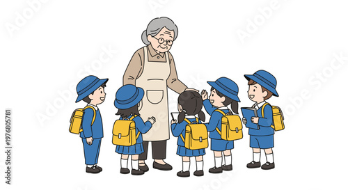 Friendly senior woman in an apron talking to a group of young school children wearing uniforms and yellow backpacks.