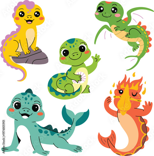 Cute colorful cartoon baby dragons in various playful poses and expressions