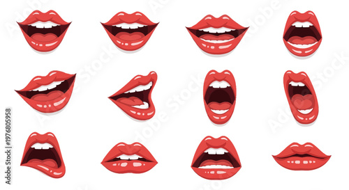 Collection of red female lips and mouth vector illustrations with various expressions including smiling, laughing, screaming, shouting, and biting isolated on white background.