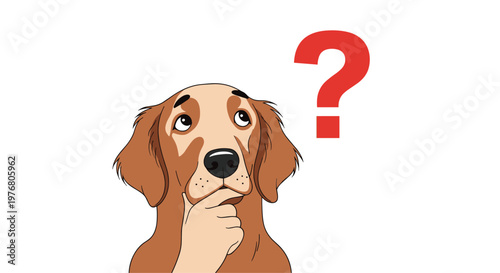 Cute brown dog sitting with its paw on its chin and a red question mark above its head expressing curiosity or confusion.