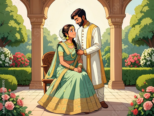 Seated Bride and Standing Groom in Ornate Wooden Chair