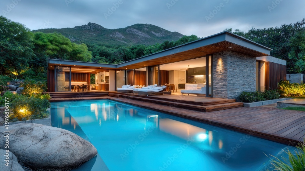 Fototapeta premium Modern luxury villa with infinity pool nestled in lush green mountains at twilight