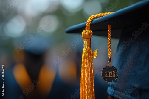 Graduation cap with a gold tassel and a 