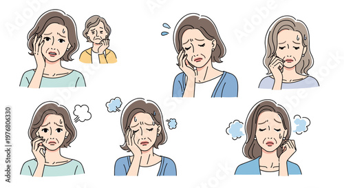 Collection of female character illustrations showing a mature woman experiencing symptoms of stress fatigue and dizziness.