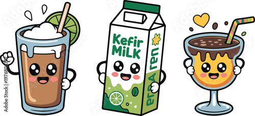 Cute kawaii cartoon drinks with faces and arms showing happiness and excitement expression
