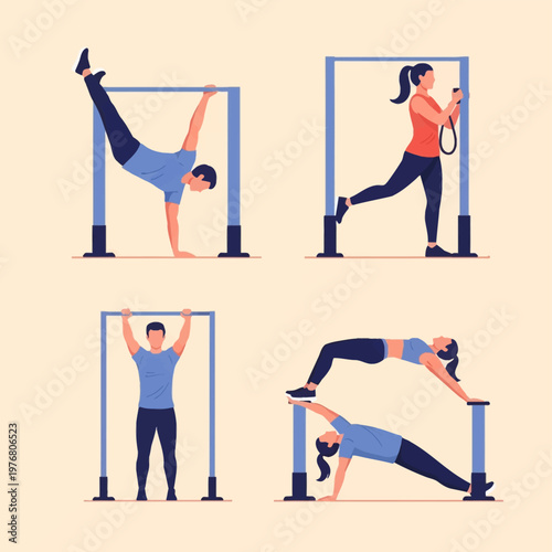 Flat vector illustration set of men and women performing calisthenics exercises on horizontal pull-up bars including one-arm balance, pull-ups, and core bodyweight strength training.