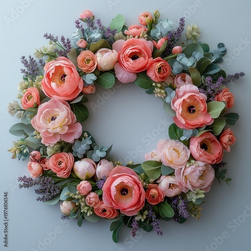 A delicate floral wreath featuring pink and peach roses, greenery, and lavender accents arranged in a circular design on a light background.