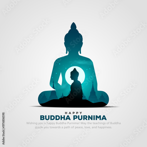 Happy Vesak Day, Buddha Purnima wishes greetings with silhouette of buddha. Creative vector illustration design.