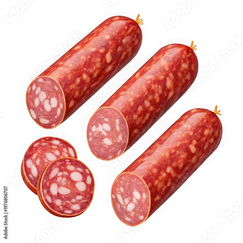 A close-up view of sliced and whole salami sausages