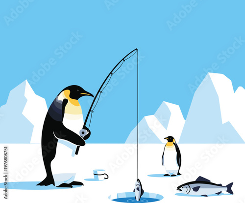 Penguins Fishing on Ice Floe with Captured Fish and Mountains Background