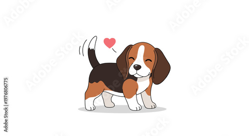 Cheerful beagle puppy standing with a wagging tail and a red heart icon representing love and friendly behavior.