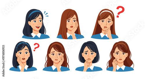Female character facial expression set showing emotions like surprise and confusion with question marks and exclamation points for communication.